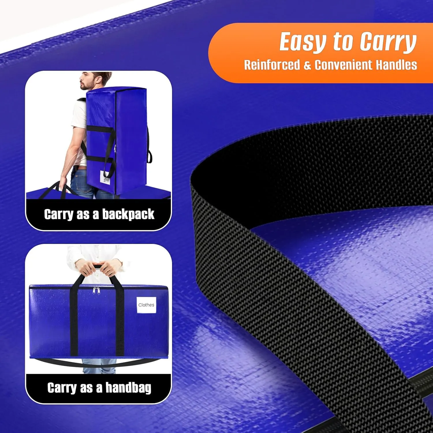 10-Pack Moving Bags with Backpack Straps & Carry Handles, 25 Gallons-93 L Heavy Duty Storage Totes for Space Saving, Foldable Storage Bags for College Dorm, Travel, Camping (Blue)