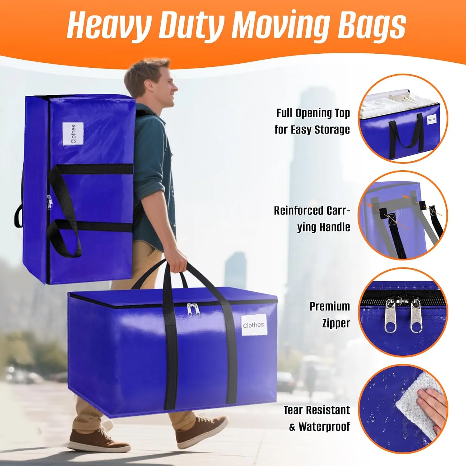 10-Pack Moving Bags with Backpack Straps & Carry Handles, 25 Gallons-93 L Heavy Duty Storage Totes for Space Saving, Foldable Storage Bags for College Dorm, Travel, Camping (Blue)