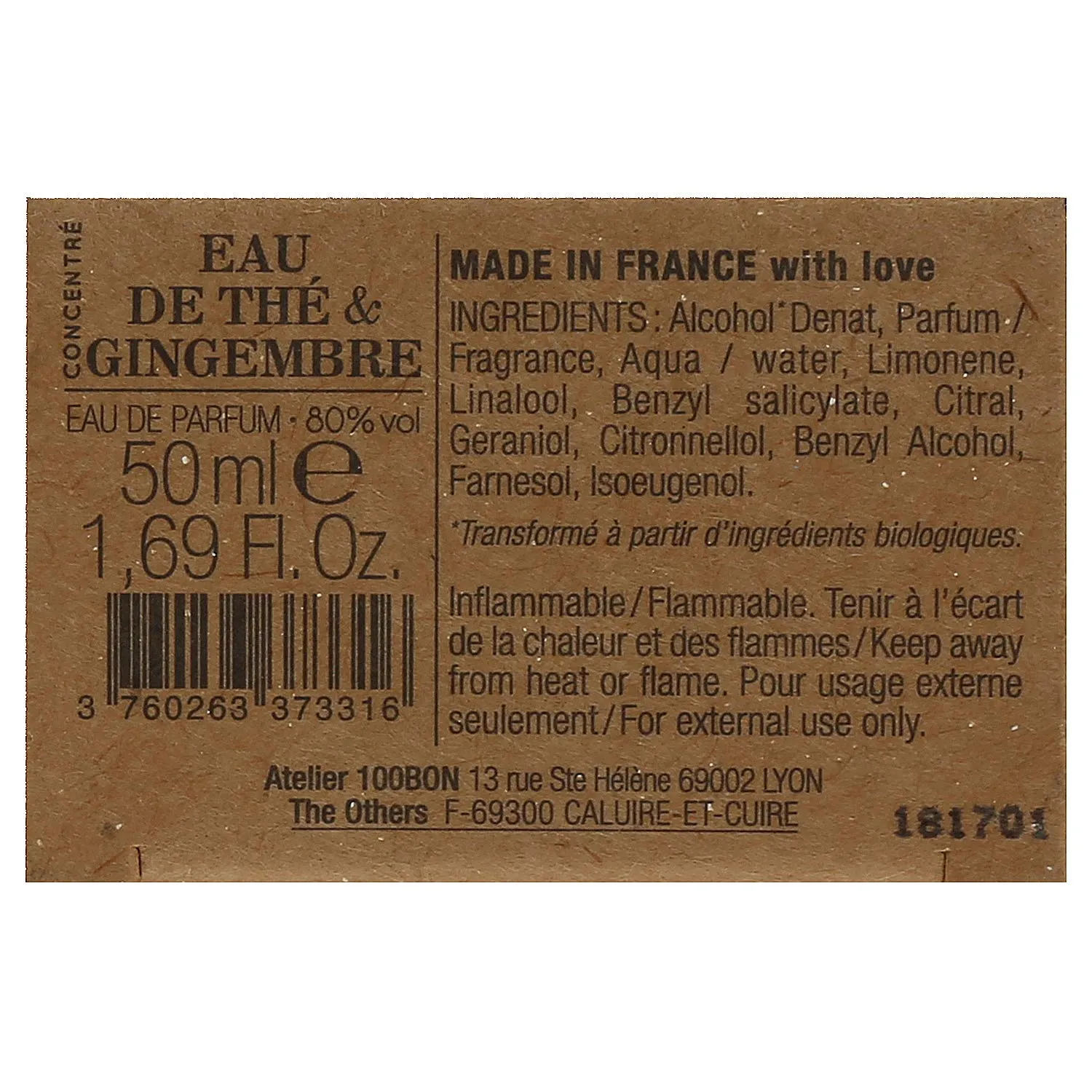 100BON Eau De The & Gingembre Tea & Ginger Scent for Women & Men Energizing Organic Fragrance - Sweet, Citrus & Spicy Notes - 100% Natural Fragrance Spray, 33.8 Fl Oz