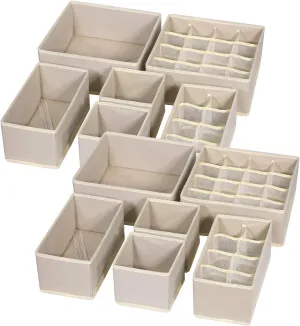 12 Pack Foldable Drawer Organizer Dividers Cloth Storage Box Closet Dresser Organizer Cube Fabric Containers Basket Bins for Underwear Bras Socks Panties Lingeries Nursery Baby Clothes Beige