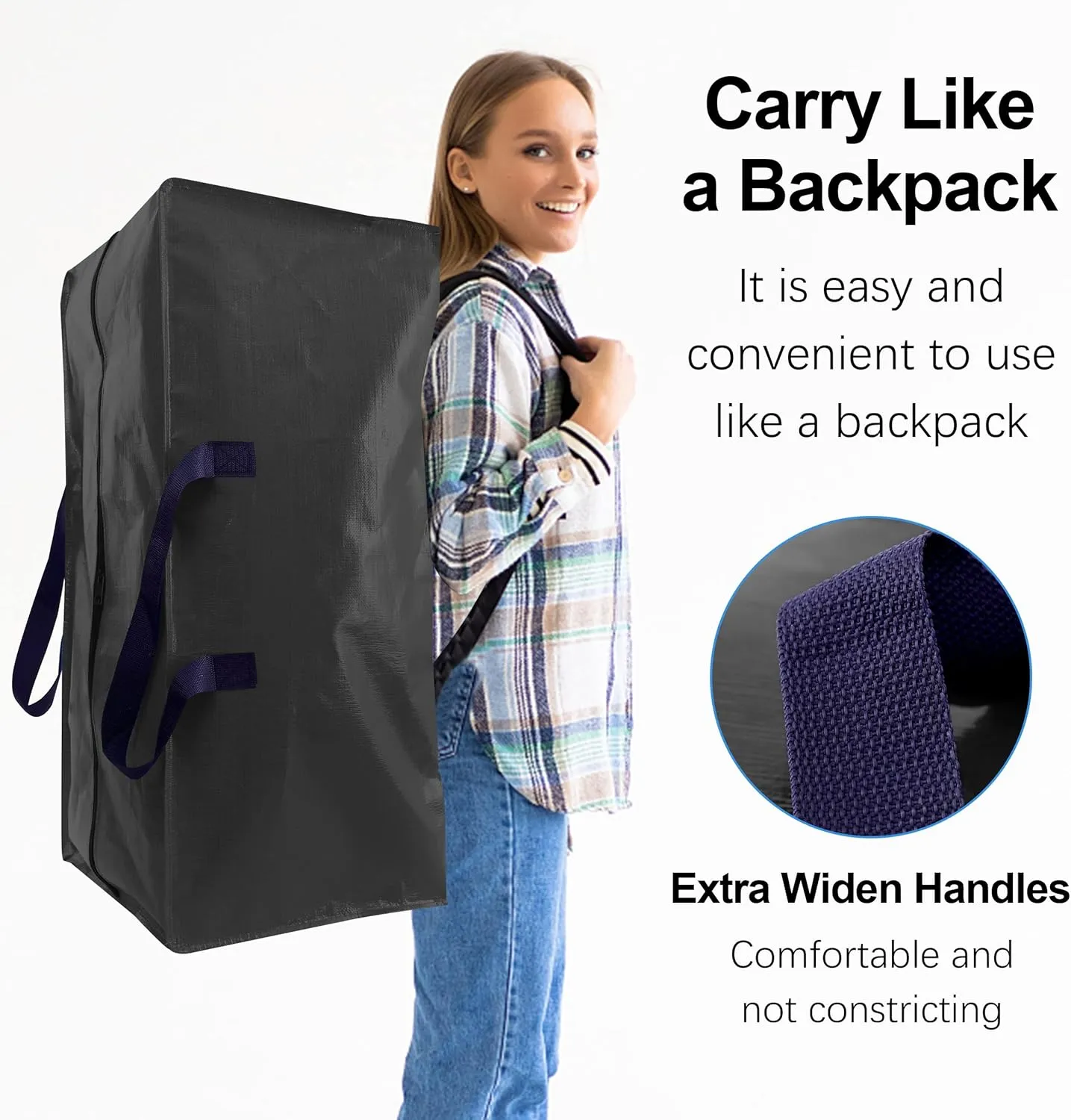 12 Pack Heavy Duty Extra Large Moving Bags W/Backpack Straps - Strong Handles & Zippers, Storage Totes For Space Saving, Fold Flat, Alternative to Moving Box and Storage Bin, Black