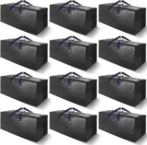 12 Pack Heavy Duty Extra Large Moving Bags W/Backpack Straps - Strong Handles & Zippers, Storage Totes For Space Saving, Fold Flat, Alternative to Moving Box and Storage Bin, Black