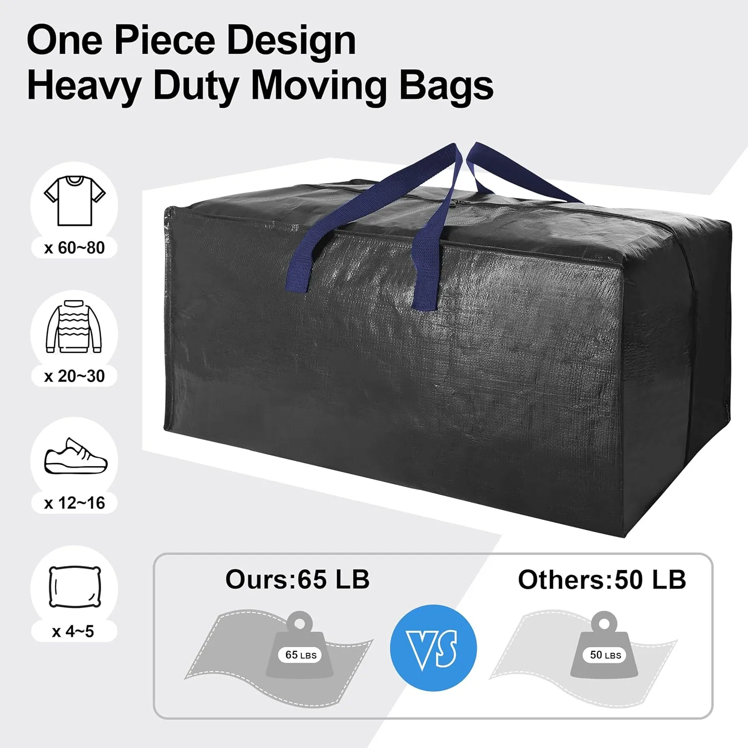 12 Pack Heavy Duty Extra Large Moving Bags W/Backpack Straps - Strong Handles & Zippers, Storage Totes For Space Saving, Fold Flat, Alternative to Moving Box and Storage Bin, Black