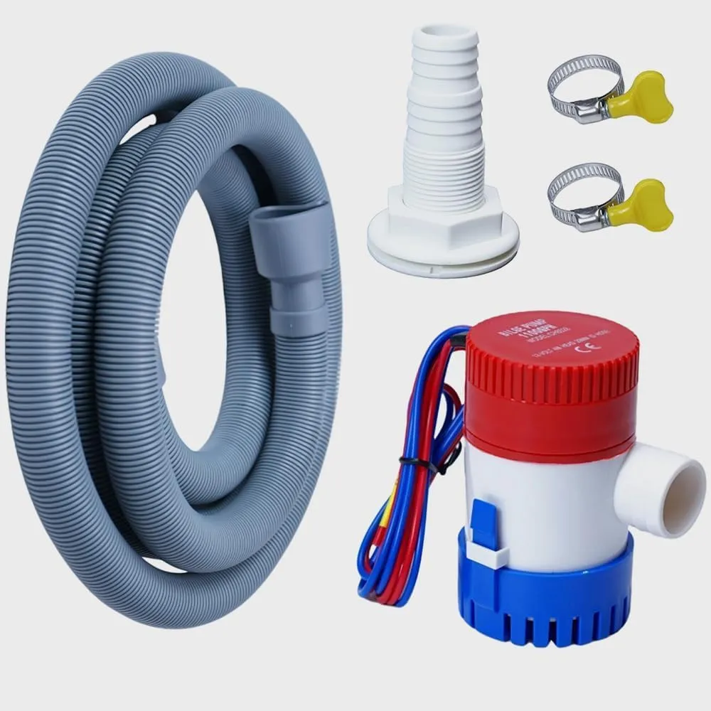 12v 1100gph Boat Bilge Water Pump, 1-1/8 Inch Bilge Pump Plumbing Kit, 6 FT Bilge Pump Hose, 2 Stainless Steel Clamps and Thru-Hull Fitting