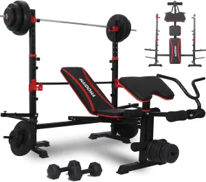 1500LBS 6 in 1 Weight Bench Set with Leg Extension/Curl and Preacher Curl, Bench Press Set and barbell Rack with Safety Bar Catches, Foldable Workout Benches for Home(US Stock)