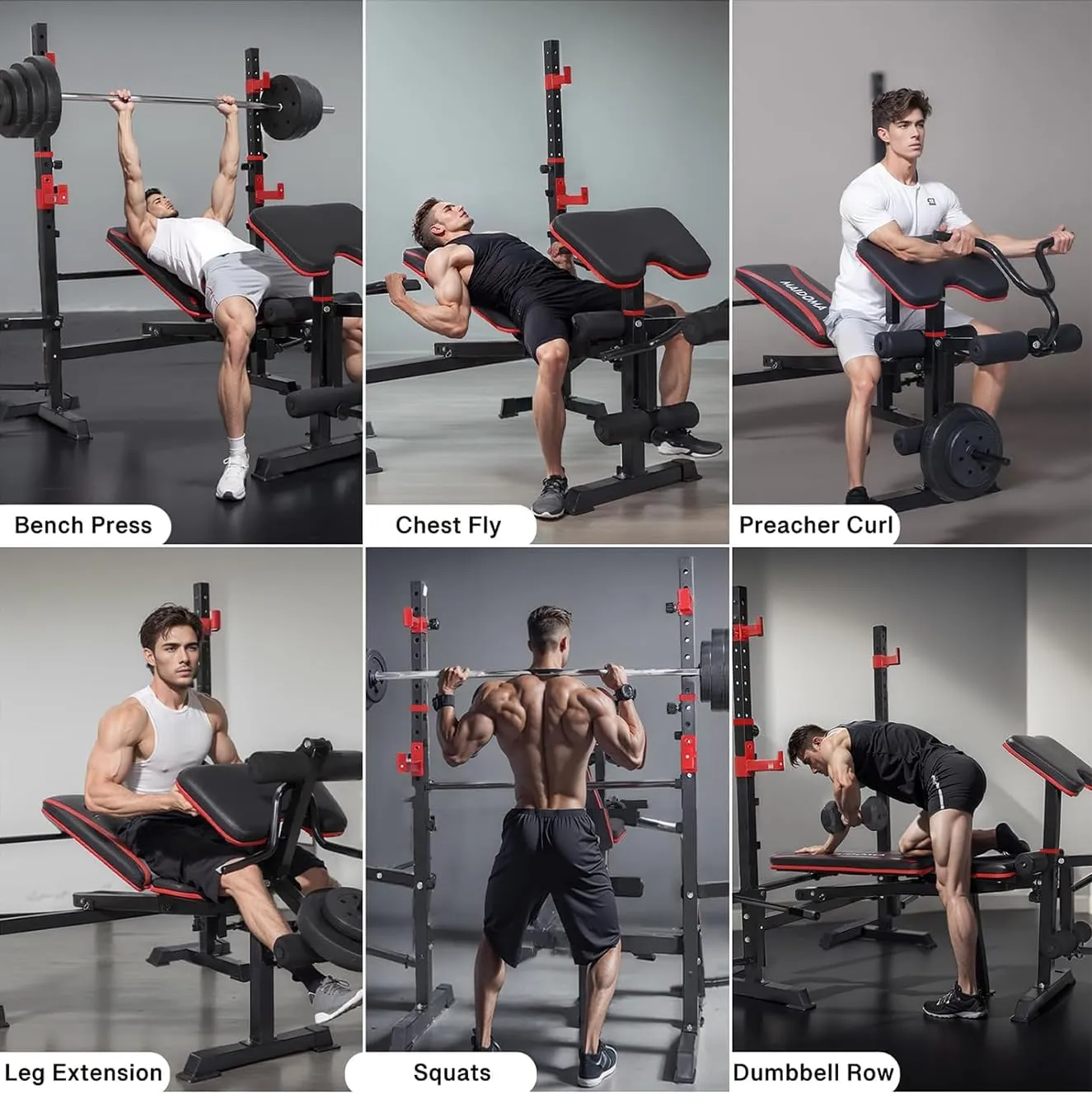1500LBS 6 in 1 Weight Bench Set with Leg Extension/Curl and Preacher Curl, Bench Press Set and barbell Rack with Safety Bar Catches, Foldable Workout Benches for Home(US Stock)