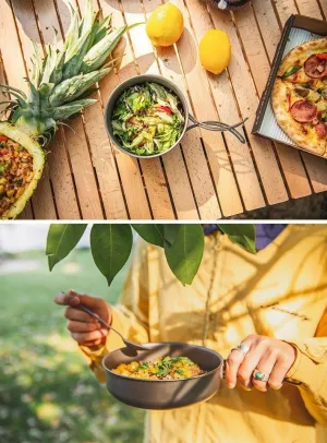 1SET Outdoor Pure Titanium Frying Pan Foldable Fork Set Camping Portable Pot and Tableware(Small)