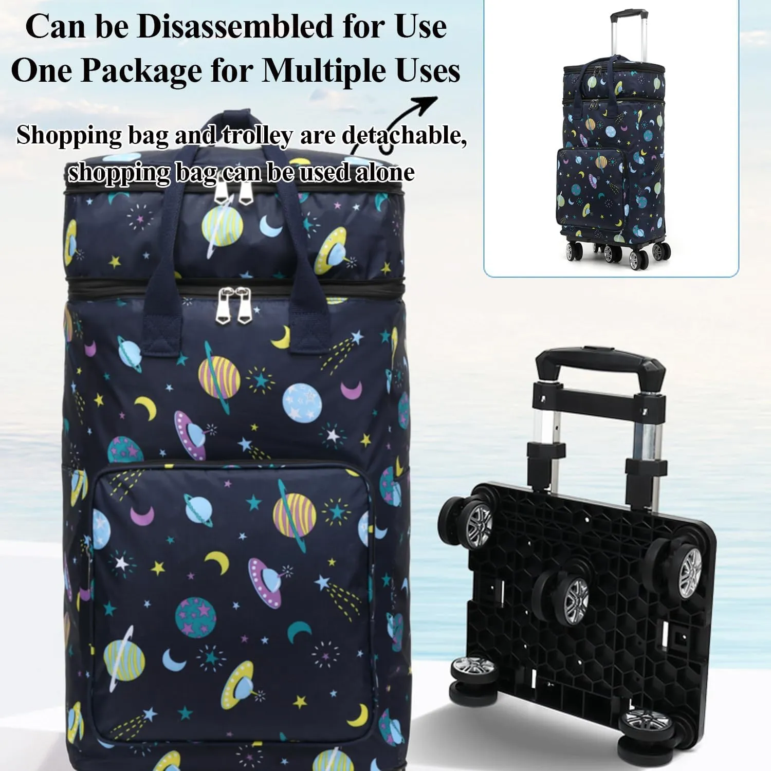 2 in 1 Shopping Cart with Wheels, Grocery Cart, Portable Utility Dolly Cart, Luggage Cart, Foldable Hand Truck with Built-in Removable Waterproof Bag for Shopping, Camping, Travel (Starry Sky)