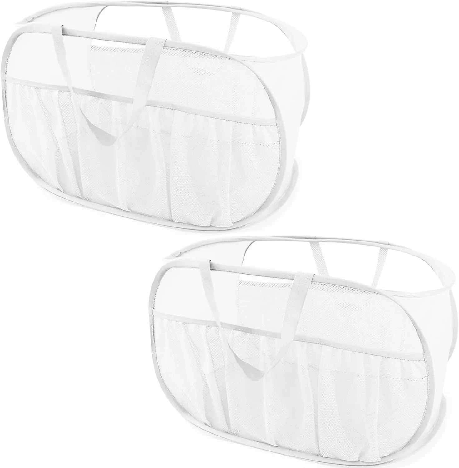 2 Pack Collapsible Laundry Baskets, Upgrade Pop Up Laundry Hamper with Convenient Bags, Foldable Laundry Basket Mesh Light Weight, Easy to Carry Clothes Hampers for Laundry, Dorm, Toys, Travel White