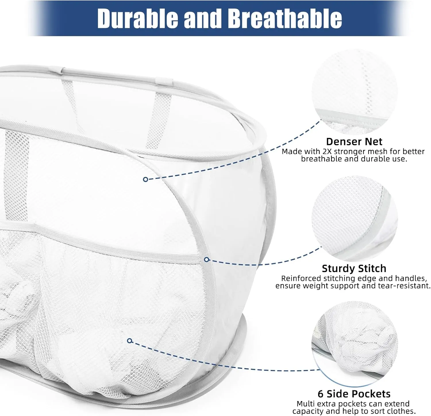 2 Pack Collapsible Laundry Baskets, Upgrade Pop Up Laundry Hamper with Convenient Bags, Foldable Laundry Basket Mesh Light Weight, Easy to Carry Clothes Hampers for Laundry, Dorm, Toys, Travel White
