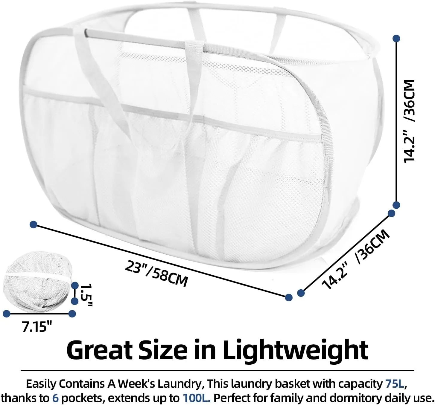 2 Pack Collapsible Laundry Baskets, Upgrade Pop Up Laundry Hamper with Convenient Bags, Foldable Laundry Basket Mesh Light Weight, Easy to Carry Clothes Hampers for Laundry, Dorm, Toys, Travel White