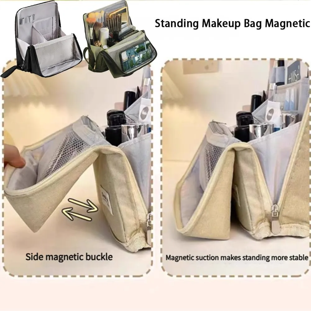 2025 Releveantoe Standing Makeup Bag – Portable, Large Capacity, Stand Up Makeup Bag, Multiple Compartments Keep Makeup And Tools Neatly Sorted (Gray-Oxford, Only Bag)