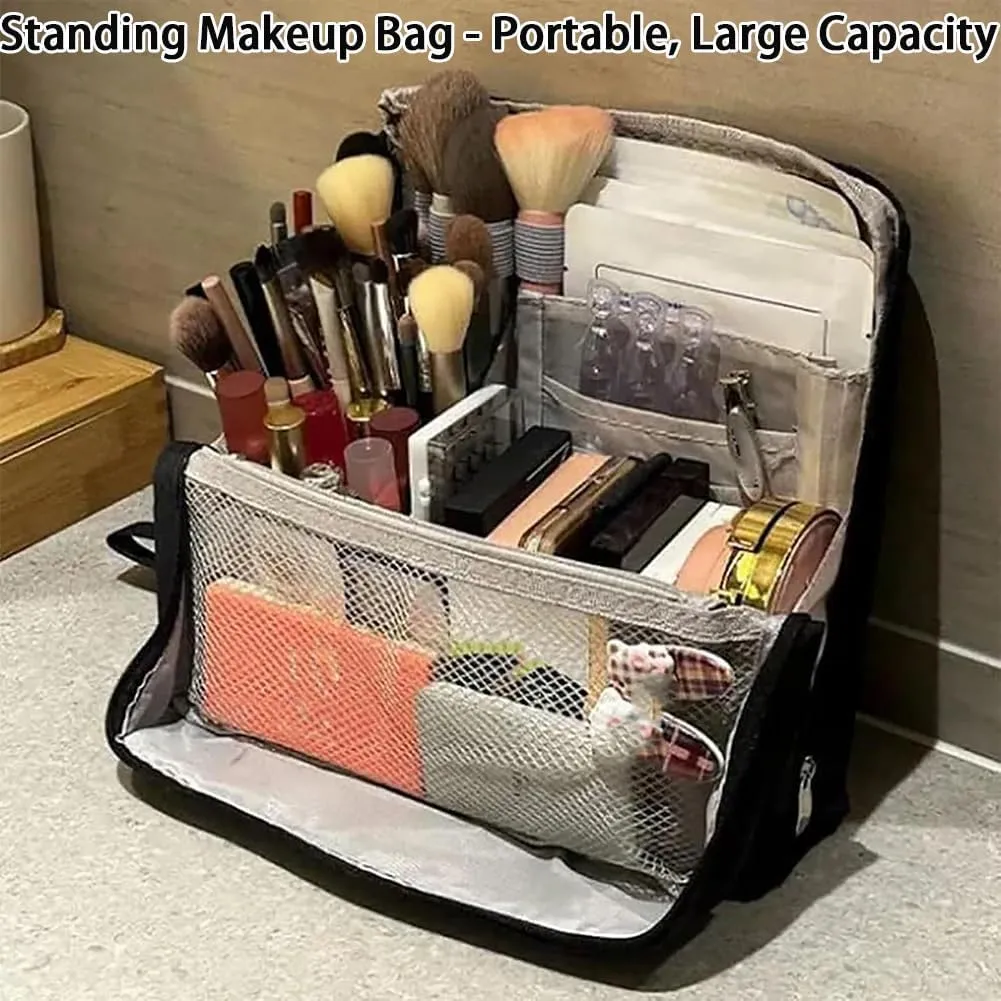 2025 Releveantoe Standing Makeup Bag – Portable, Large Capacity, Stand Up Makeup Bag, Multiple Compartments Keep Makeup And Tools Neatly Sorted (Gray-Oxford, Only Bag)
