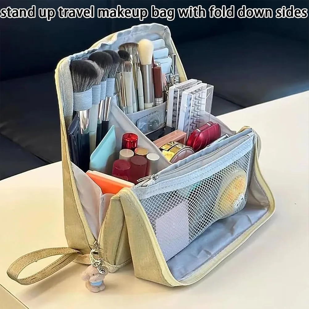 2025 Releveantoe Standing Makeup Bag – Portable, Large Capacity, Stand Up Makeup Bag, Multiple Compartments Keep Makeup And Tools Neatly Sorted (Gray-Oxford, Only Bag)