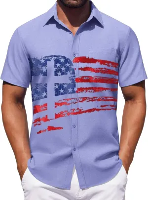 2025 Summer Bowling Shirts for Men Retro USA Flag Print Graphic Tees Short Sleeve Button Down Patriotic Shirt