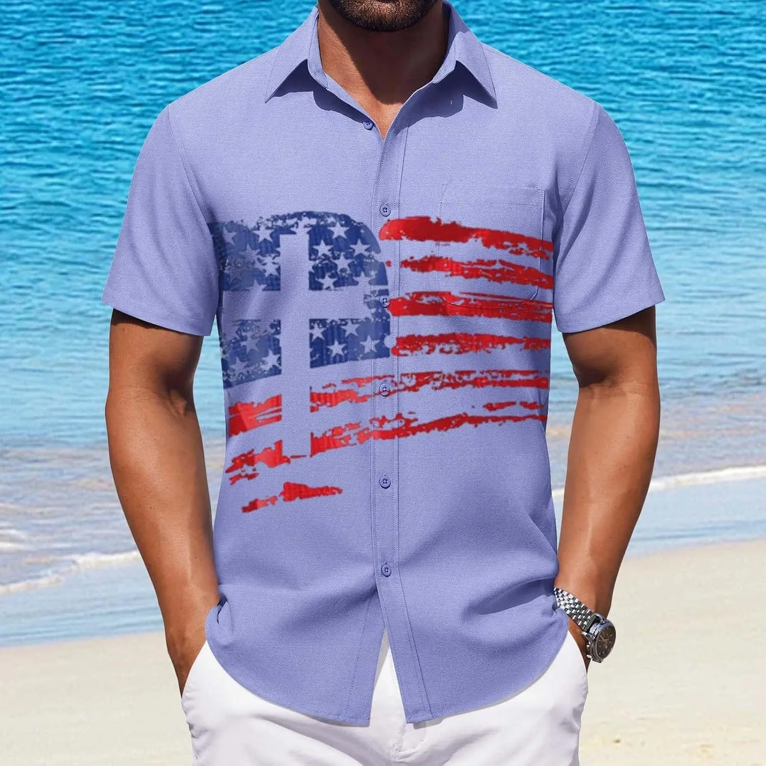 2025 Summer Bowling Shirts for Men Retro USA Flag Print Graphic Tees Short Sleeve Button Down Patriotic Shirt