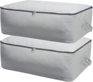 2PCS Durable Cotton Canvas, Soft Space Save Storage Bag Wardrobe Organizer with Handle & Zipper for Beddings, Comforters, Pillows, Blankets, Clothes, 25.6×18.5×8.7inch, Light Gray