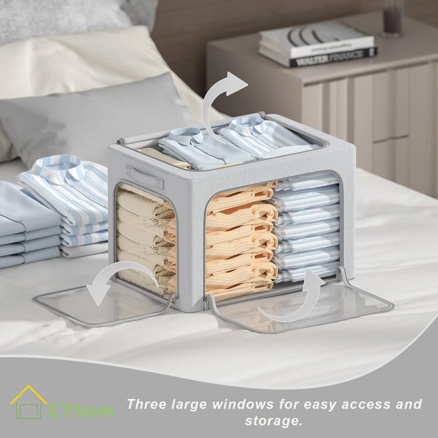 3 Openings Clothes Storage Bins Box - 3Pack Stackable Foldable Storage Bin - Metal Frame Storage Box Clothing Storage Organizer with Clear Window, Carry Handles (Light Grey, 100L-23.6x16.5x15.7in)