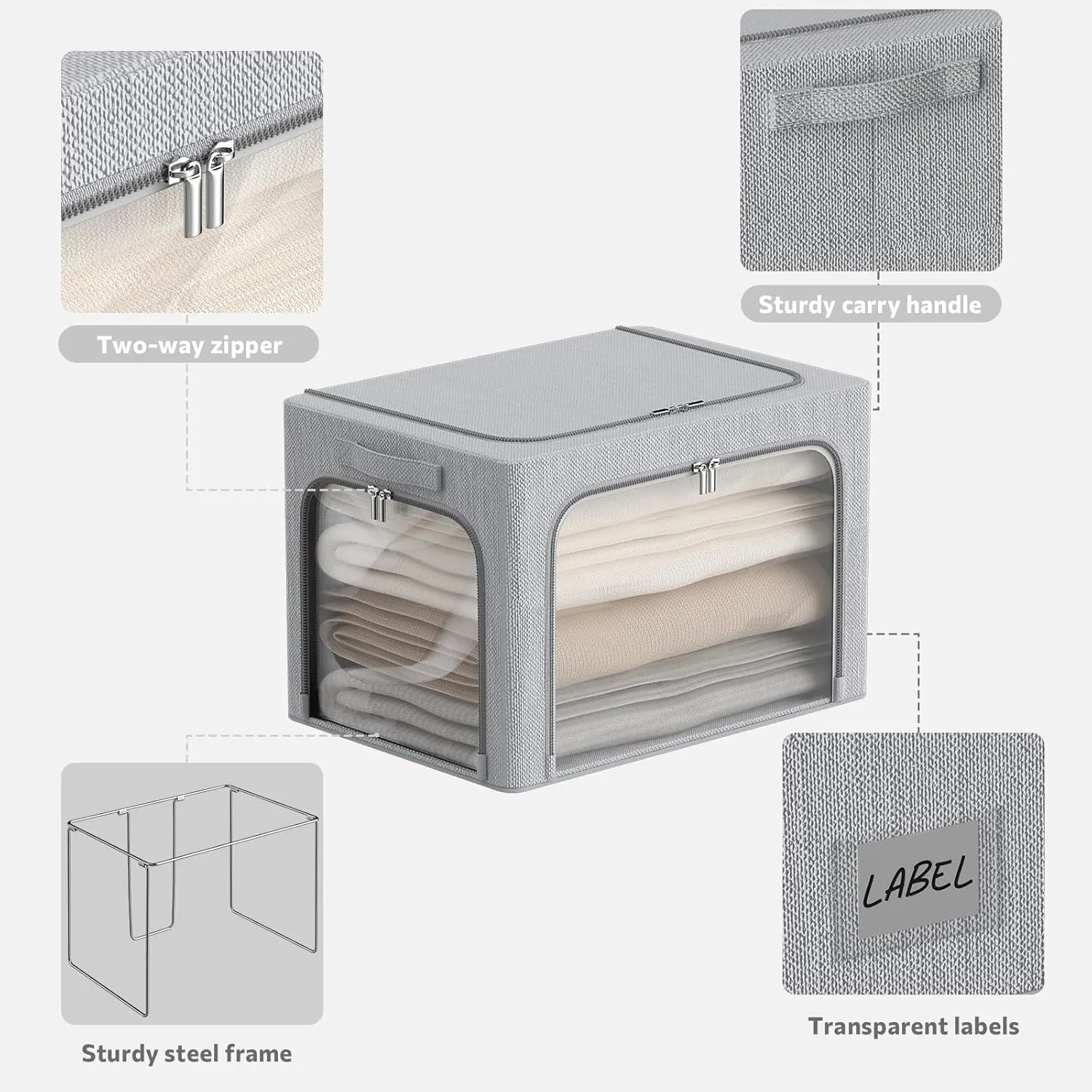 3 Openings Clothes Storage Bins Box - 3Pack Stackable Foldable Storage Bin - Metal Frame Storage Box Clothing Storage Organizer with Clear Window, Carry Handles (Light Grey, 100L-23.6x16.5x15.7in)