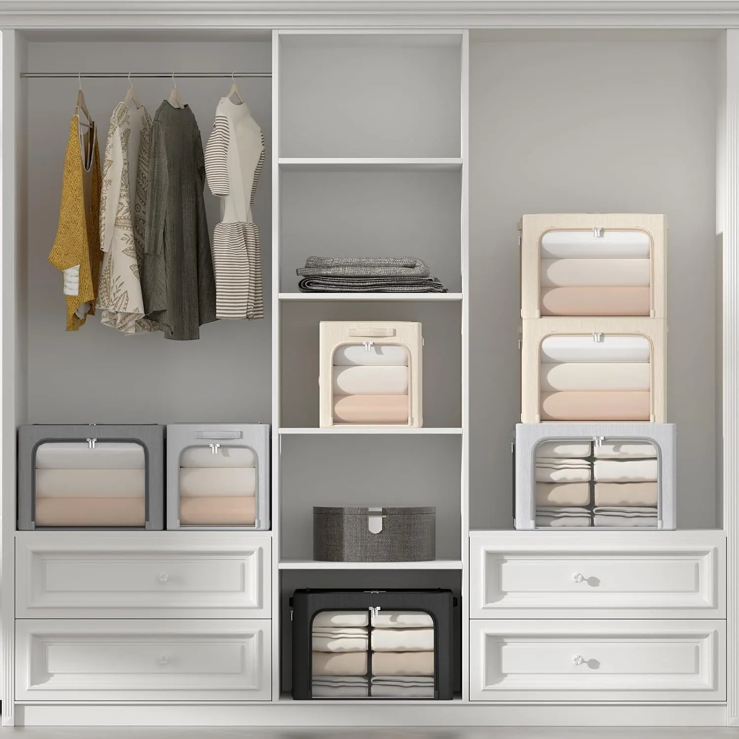 3 Openings Clothes Storage Bins Box - 3Pack Stackable Foldable Storage Bin - Metal Frame Storage Box Clothing Storage Organizer with Clear Window, Carry Handles (Light Grey, 100L-23.6x16.5x15.7in)