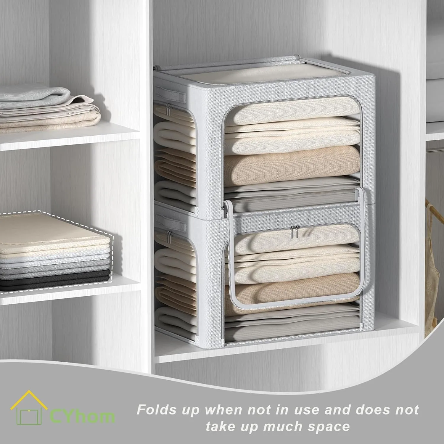 3 Openings Clothes Storage Bins Box - 3Pack Stackable Foldable Storage Bin - Metal Frame Storage Box Clothing Storage Organizer with Clear Window, Carry Handles (Light Grey, 100L-23.6x16.5x15.7in)