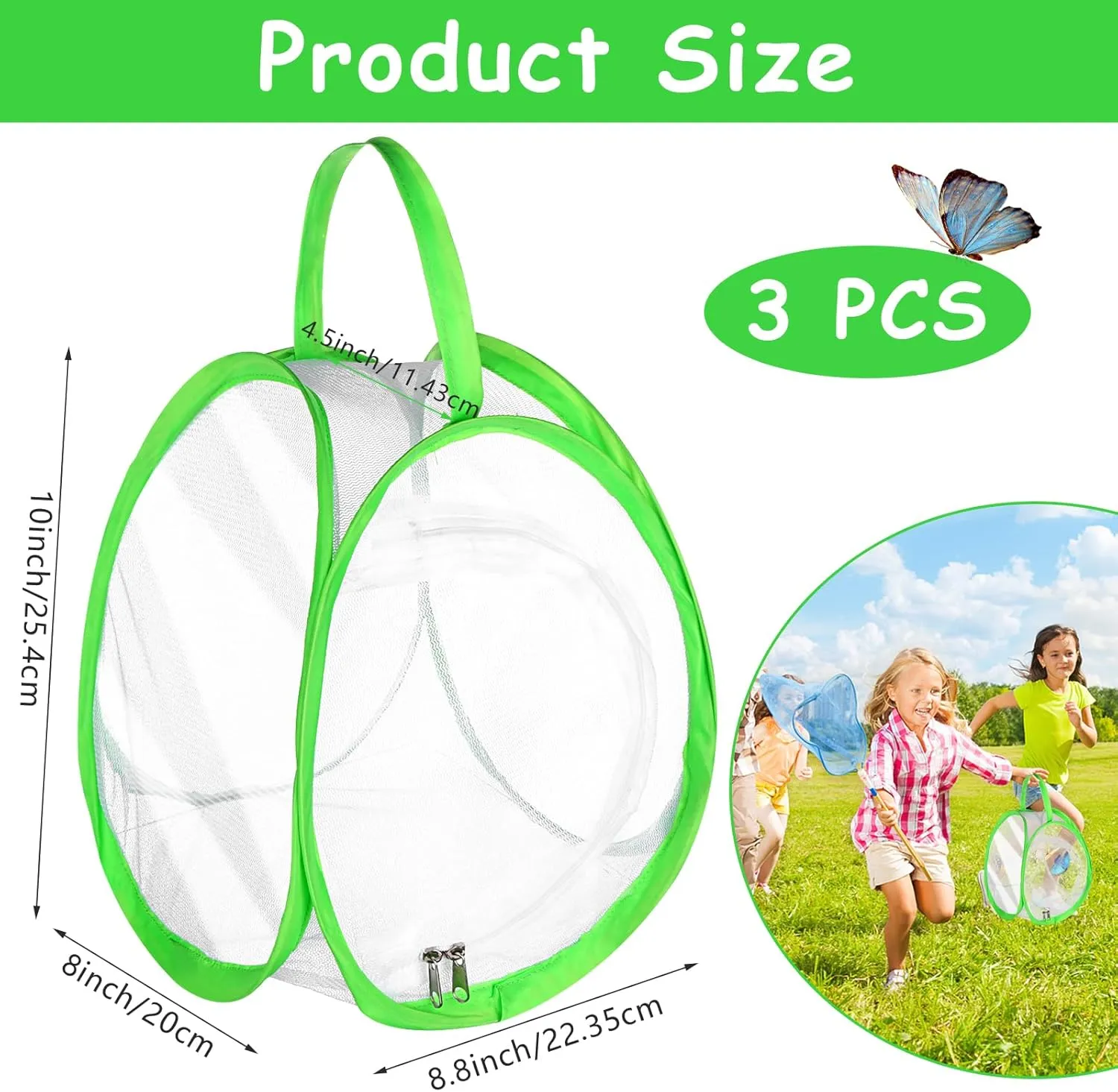 3 Pcs Mini Butterfly Habitat Cage Butterfly Growing Kit Bulk Butterfly Cage Mini Butterfly Net Habitat Clear Container Terrarium Mesh Enclosure Collapsible Insect Mesh Cage with Zipper (Green)