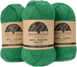 (3 Small Gorgeous Skeins) Alpaca Yarn Blend Umayo [657 Yards Total], #2 Fingering (Emerald Green)