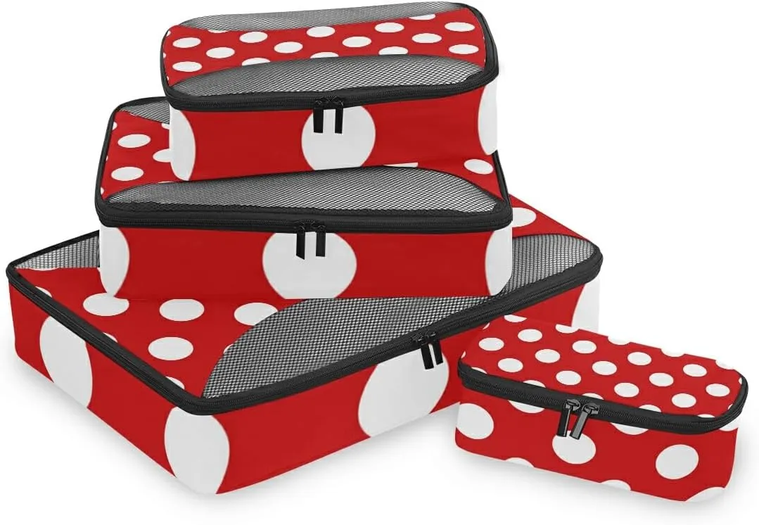 4 Set Packing Cubes for Travel, Packing Cubes for Women, Travel Packing Organizers, Polka Dot Red Packing Cube Set