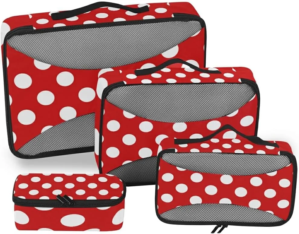 4 Set Packing Cubes for Travel, Packing Cubes for Women, Travel Packing Organizers, Polka Dot Red Packing Cube Set