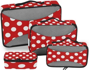 4 Set Packing Cubes for Travel, Packing Cubes for Women, Travel Packing Organizers, Polka Dot Red Packing Cube Set
