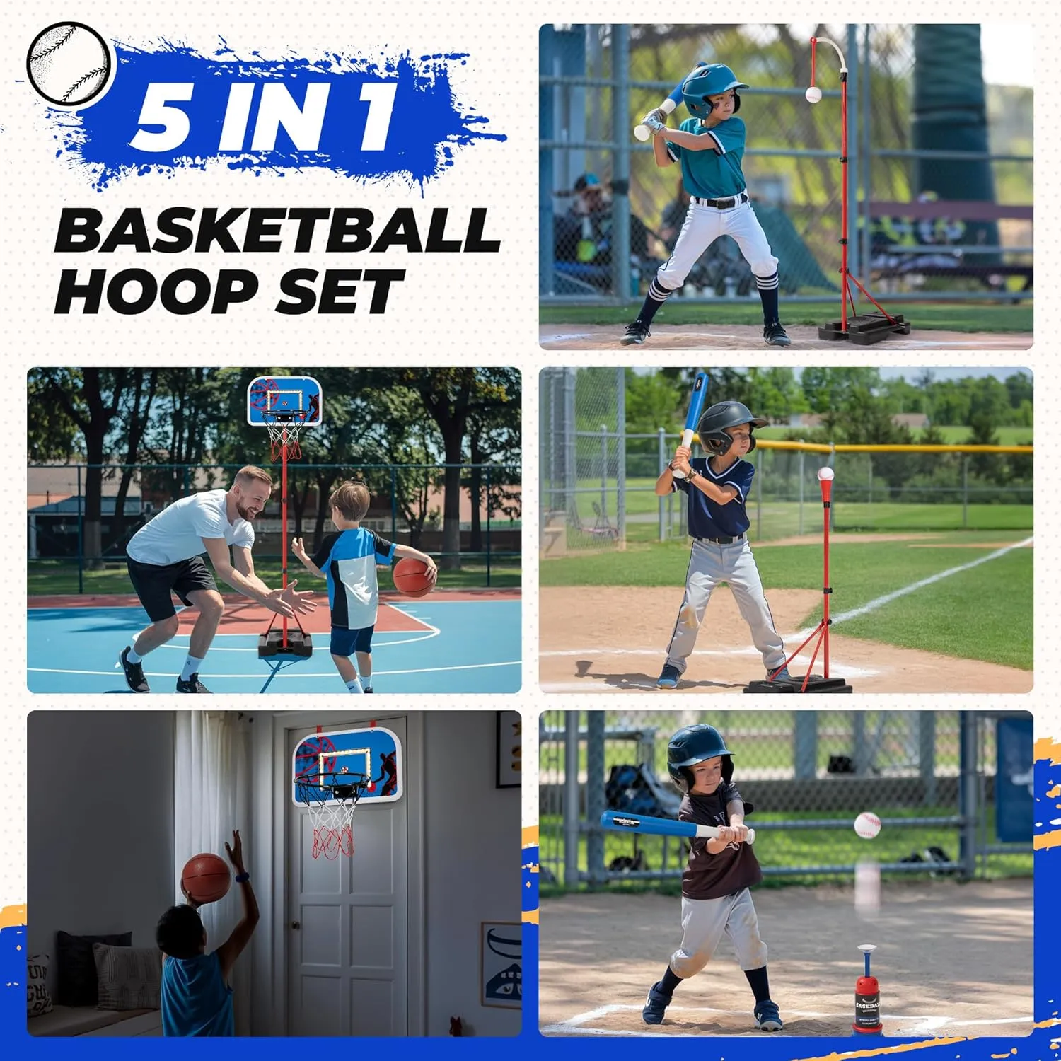 5 in 1 Kids Basketball Hoop and T Ball Set, Adjustable Height Basketball Hoop with Scoreboard & LED, Tball Set for Toddlers 3-5, Mini Hoop Indoor/Outdoor, Toys for Kids