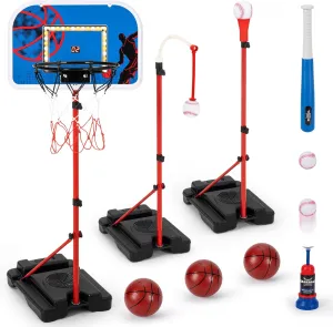 5 in 1 Kids Basketball Hoop and T Ball Set, Adjustable Height Basketball Hoop with Scoreboard & LED, Tball Set for Toddlers 3-5, Mini Hoop Indoor/Outdoor, Toys for Kids