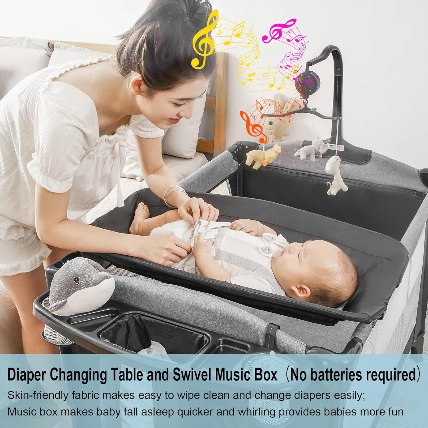 5-in-1 Pack and Play, Baby Bassinet Bedside Sleeper with U-Shaped Diaper Changer, Portable Baby Playard for Newborn Toddlers, Baby Crib with 4 Adjustable Height, Carry Bag, Easy to Install (Black)