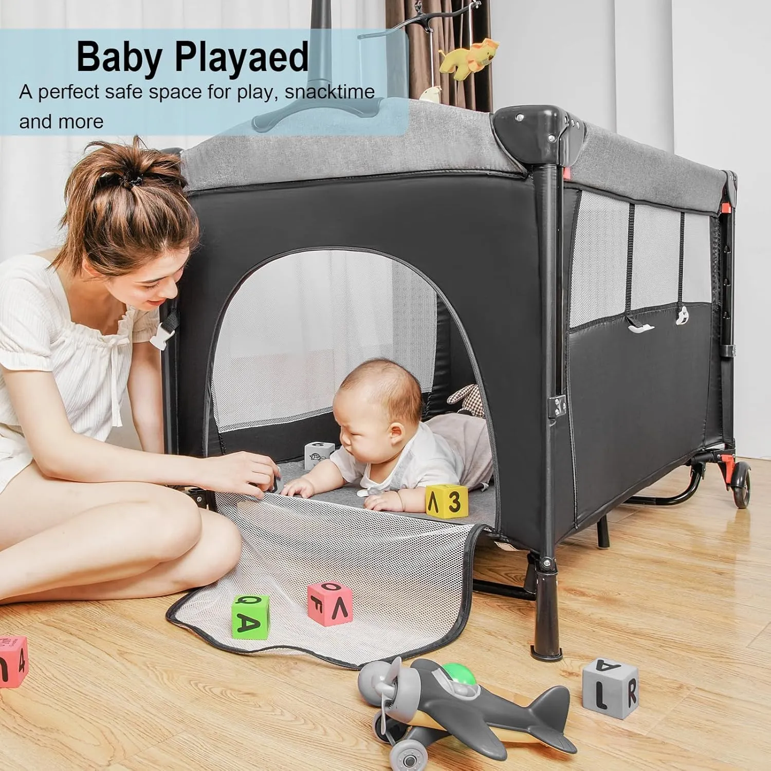 5-in-1 Pack and Play, Baby Bassinet Bedside Sleeper with U-Shaped Diaper Changer, Portable Baby Playard for Newborn Toddlers, Baby Crib with 4 Adjustable Height, Carry Bag, Easy to Install (Black)