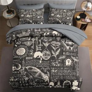 5 Pcs Twin Size Comforter Set with Pillowcase & Sham, Chemistry Science Bedding for Kids and Adults, Vintage Medieval Bat Bed in a Bag with Flat Fitted Sheet