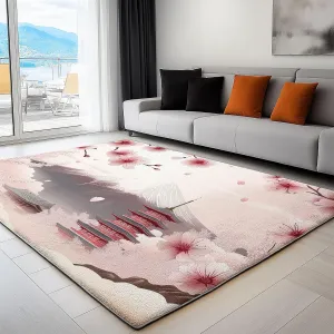 5 x 8 ft Area Rugs for Living Room Japanese Architecture Mountains Flowers Carpet Non Slip Low Pile Water Repellent Soft Print Pink, for Bedroom Kitchen Dining Room, Home Office