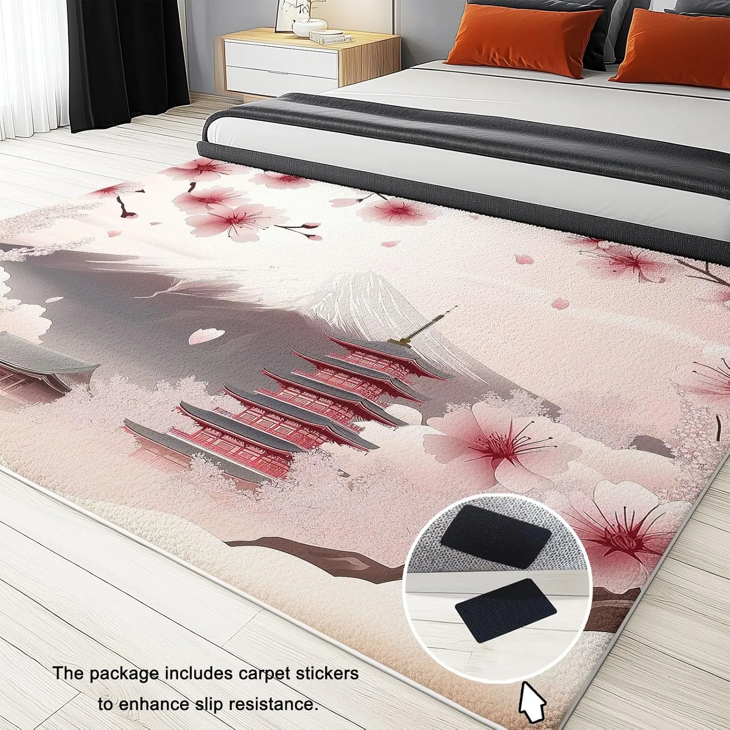 5 x 8 ft Area Rugs for Living Room Japanese Architecture Mountains Flowers Carpet Non Slip Low Pile Water Repellent Soft Print Pink, for Bedroom Kitchen Dining Room, Home Office