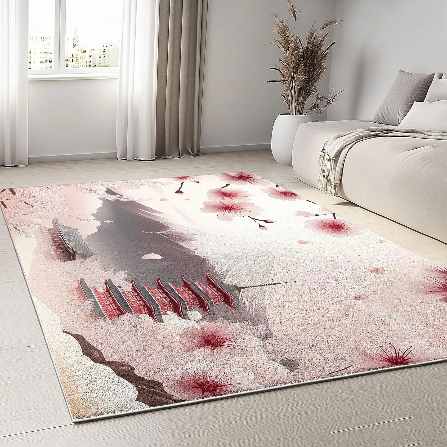 5 x 8 ft Area Rugs for Living Room Japanese Architecture Mountains Flowers Carpet Non Slip Low Pile Water Repellent Soft Print Pink, for Bedroom Kitchen Dining Room, Home Office