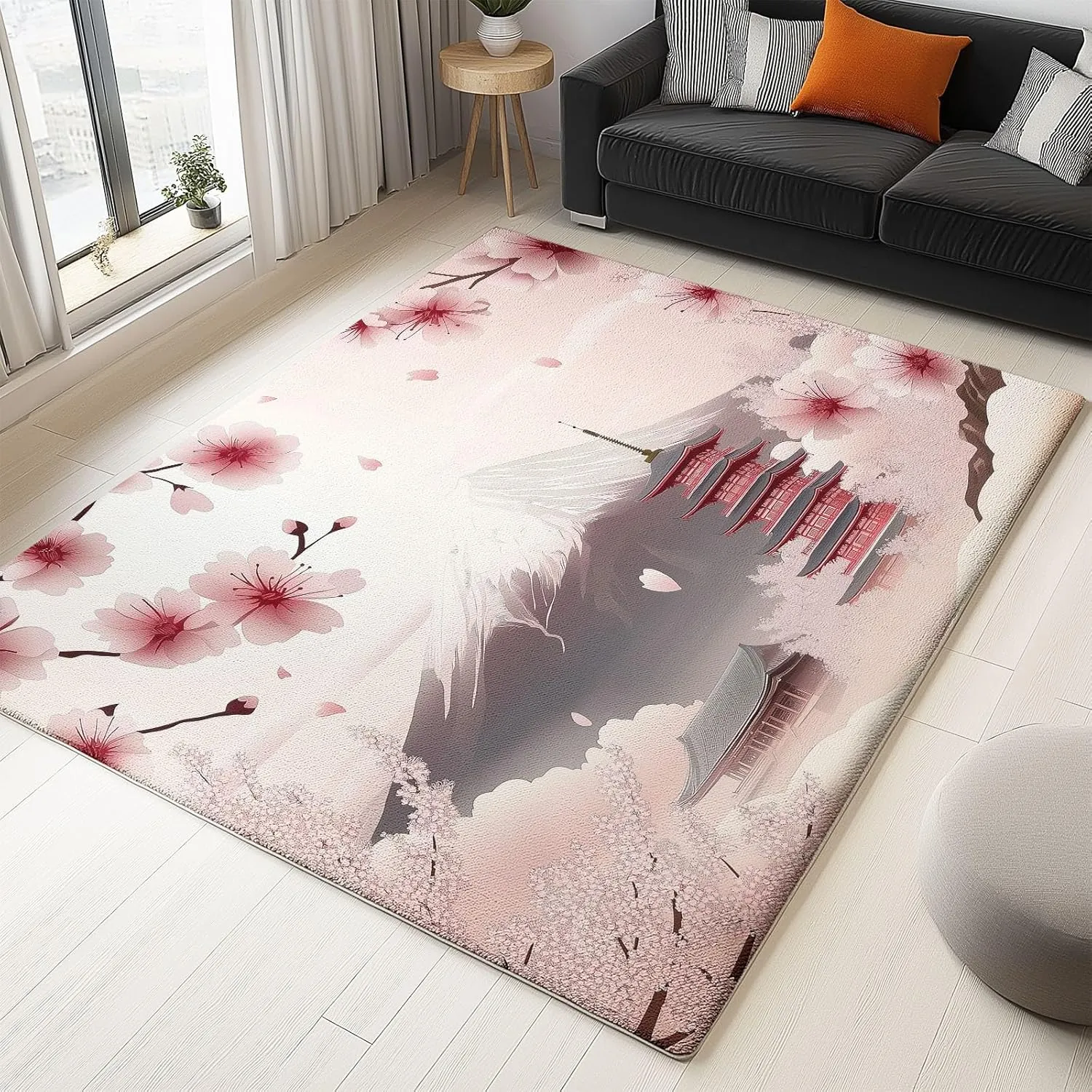 5 x 8 ft Area Rugs for Living Room Japanese Architecture Mountains Flowers Carpet Non Slip Low Pile Water Repellent Soft Print Pink, for Bedroom Kitchen Dining Room, Home Office