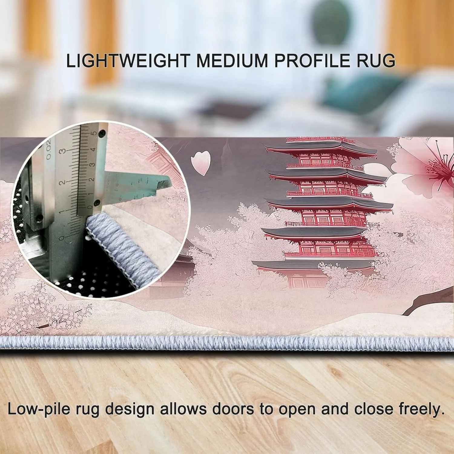 5 x 8 ft Area Rugs for Living Room Japanese Architecture Mountains Flowers Carpet Non Slip Low Pile Water Repellent Soft Print Pink, for Bedroom Kitchen Dining Room, Home Office