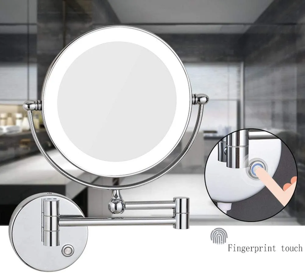8 inches Wall Mounted Makeup Mirror with Magnification, Makeup Mirror LED Touch Screen for Bathroom, Two-Sided Extendable, 360 Degree Swivel, Plug Operated(Silver,10x)