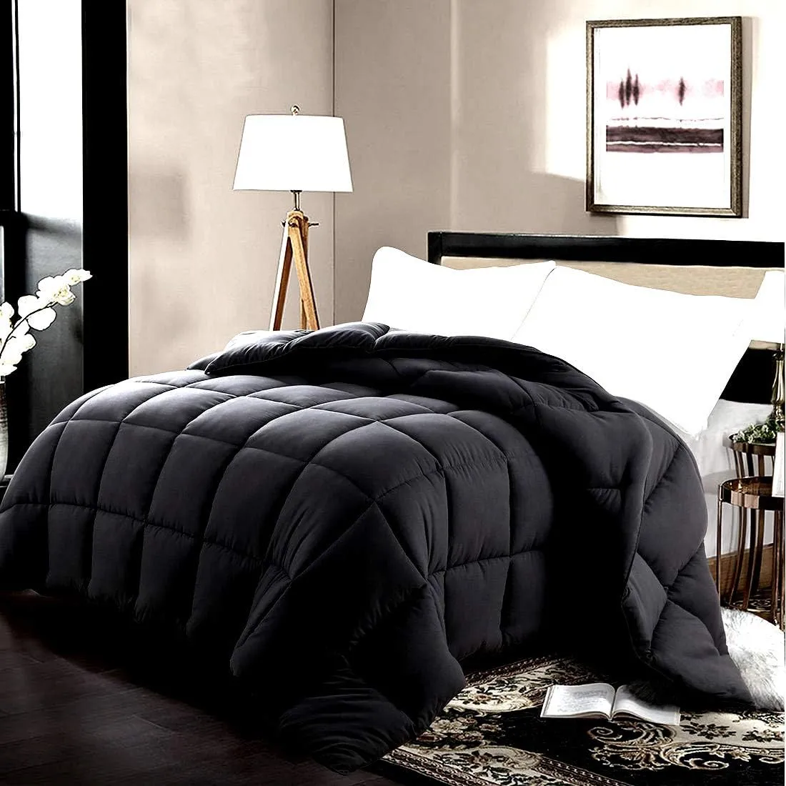 800 TC 100% Egyptian Cotton 300 GSM Goose Down Alternative Microfiber 5 PC Comforter Set (Comforter   Flat   Fitted 15''   2 Pillow Casess) Twin, Black