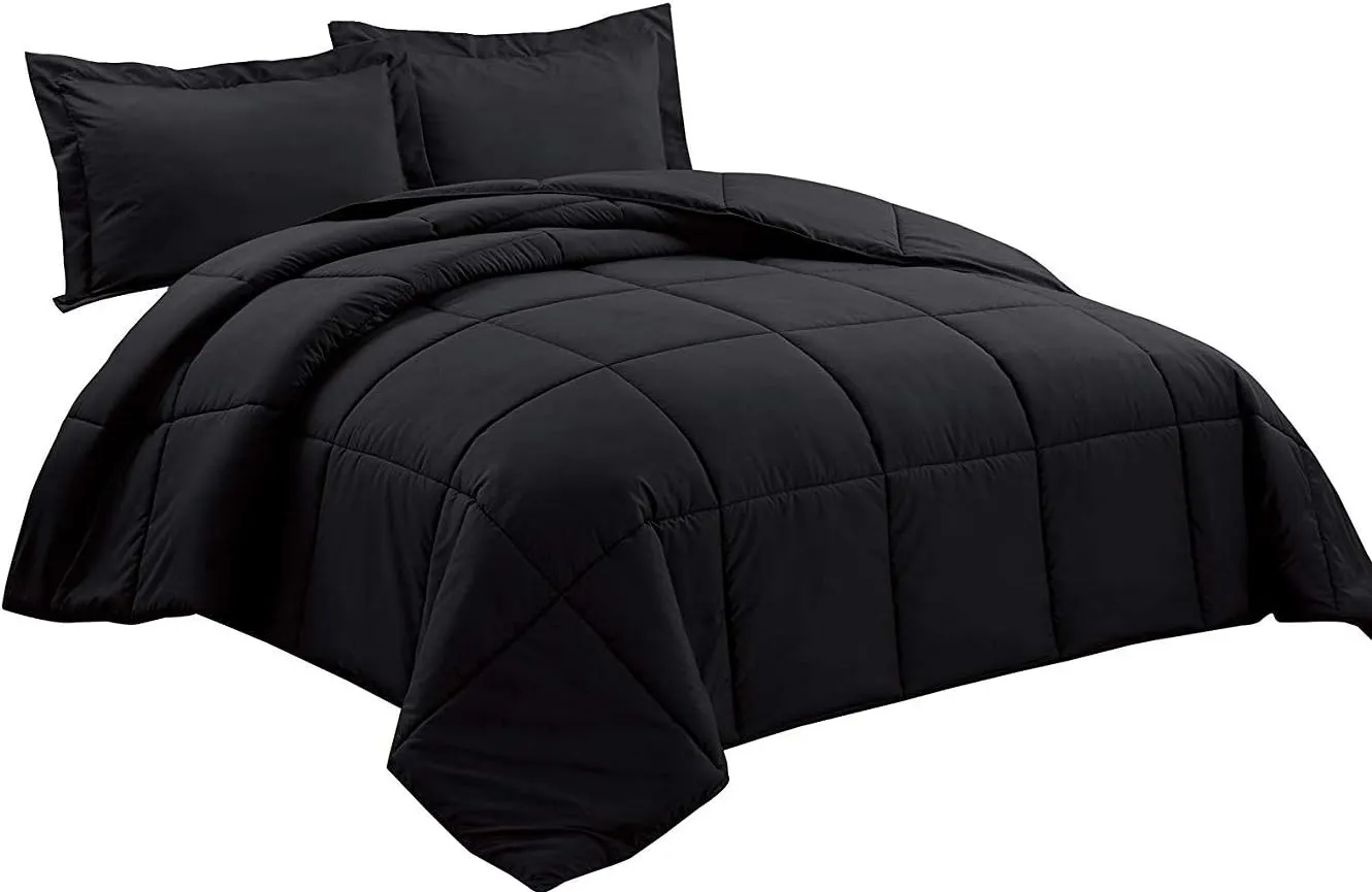 800 TC 100% Egyptian Cotton 300 GSM Goose Down Alternative Microfiber 5 PC Comforter Set (Comforter   Flat   Fitted 15''   2 Pillow Casess) Twin, Black