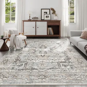 8x10 Area Rug for Living Room, Non Slip Vintage Machine Washable Rug, Foldable Stain Resistant Large Area Rugs for Bedroom, Soft Indoor Boho Carpet for Home Decor (Beige/Brown, 8'x10')