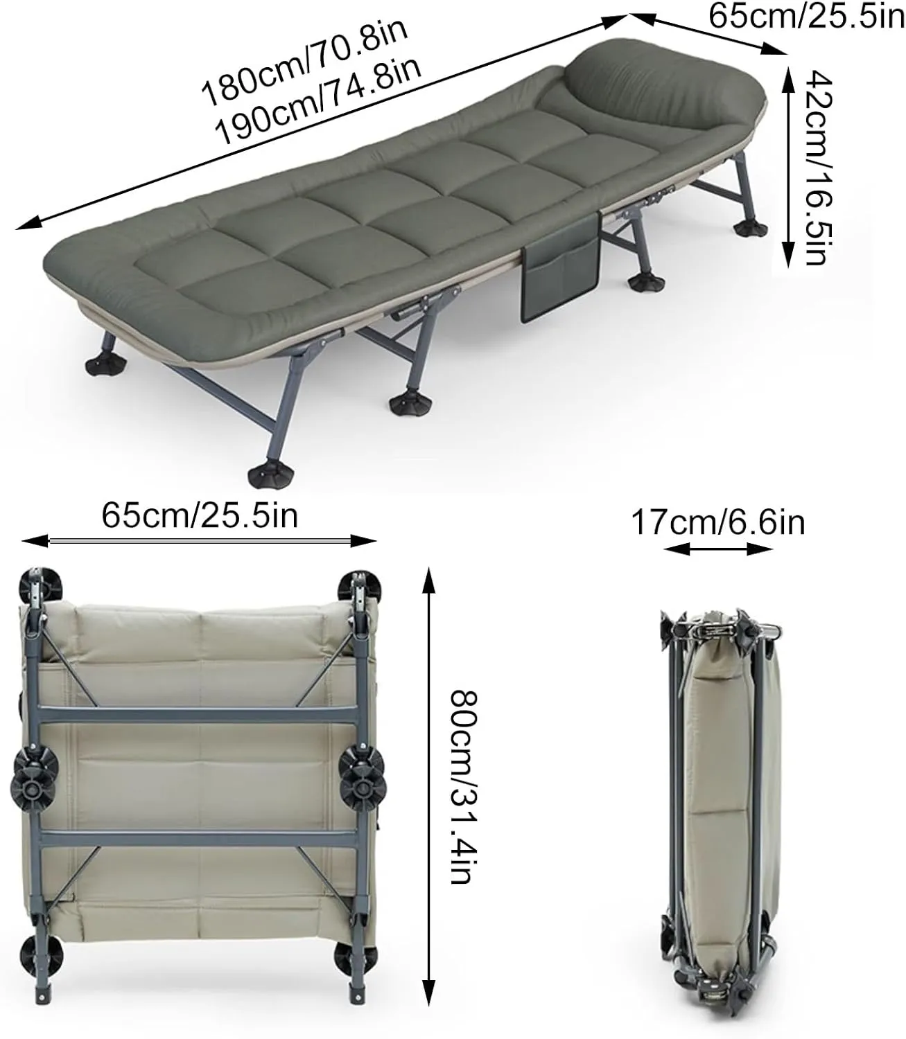 Adjustable Adult Lounge Chair with Mattress,Travel Camping Cot,Tent Folding Cot for Sleeping and Beach Vocation (Color : Green, Size : 180x65cm)