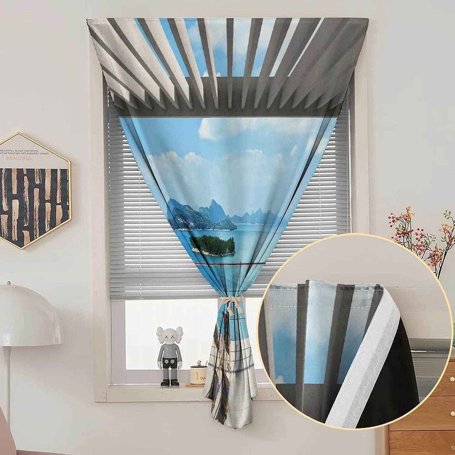 Adjustable Blackout Shades, Beach Portable Blackout Curtain, Modern Tile Roof Top House with Garden Sea Print Living Room Bedroom Window Drapes,47W x54L Inches, for Bathroom Living Room Bedroom