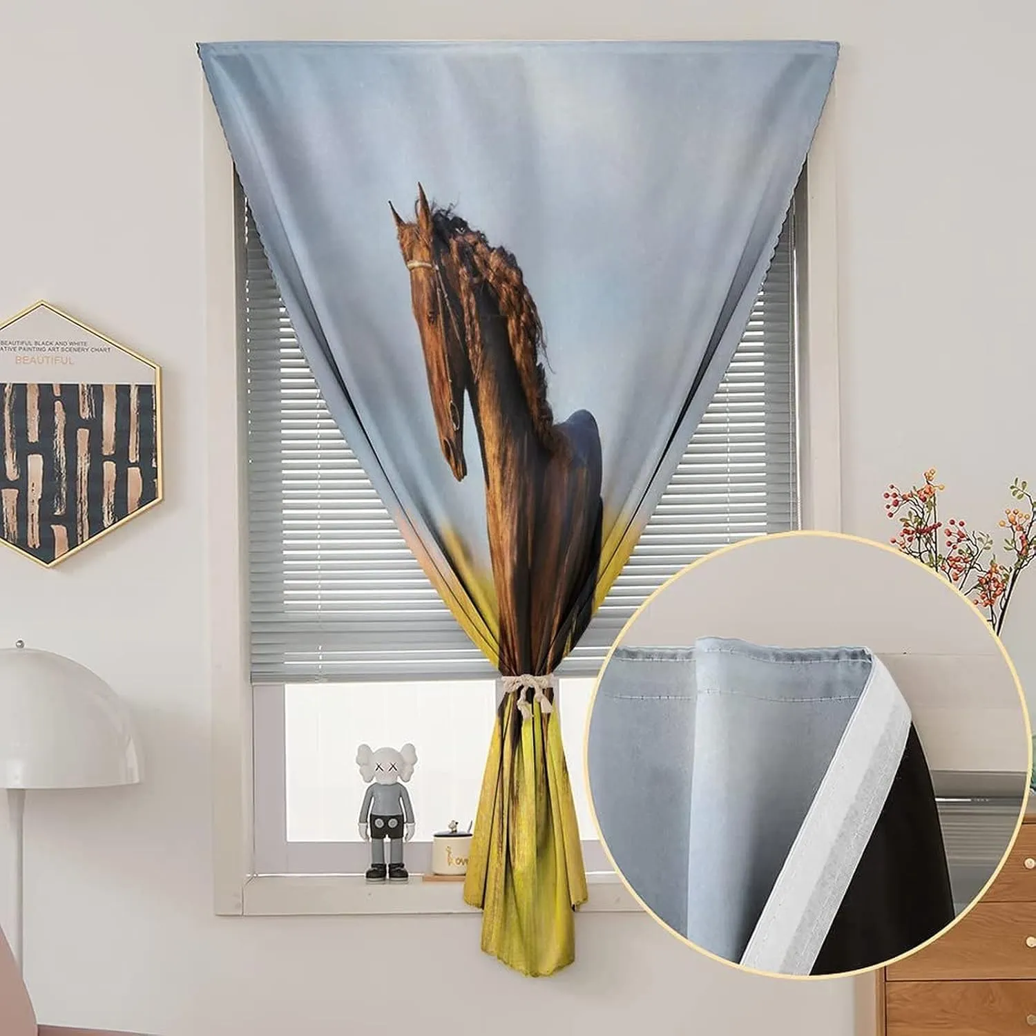 Adjustable Blackout Shades, Horses Portable Blackout Curtain, Friesian Horse with Mane Gallops in Meadow Print Living Room Bedroom Window Drapes,59W x84L Inch, for Bathroom Living Room Bedroom