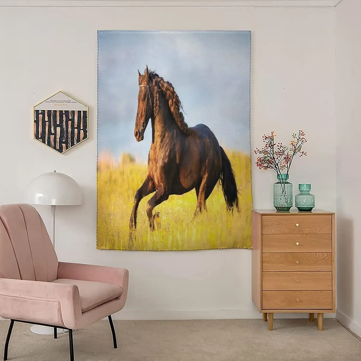 Adjustable Blackout Shades, Horses Portable Blackout Curtain, Friesian Horse with Mane Gallops in Meadow Print Living Room Bedroom Window Drapes,59W x84L Inch, for Bathroom Living Room Bedroom