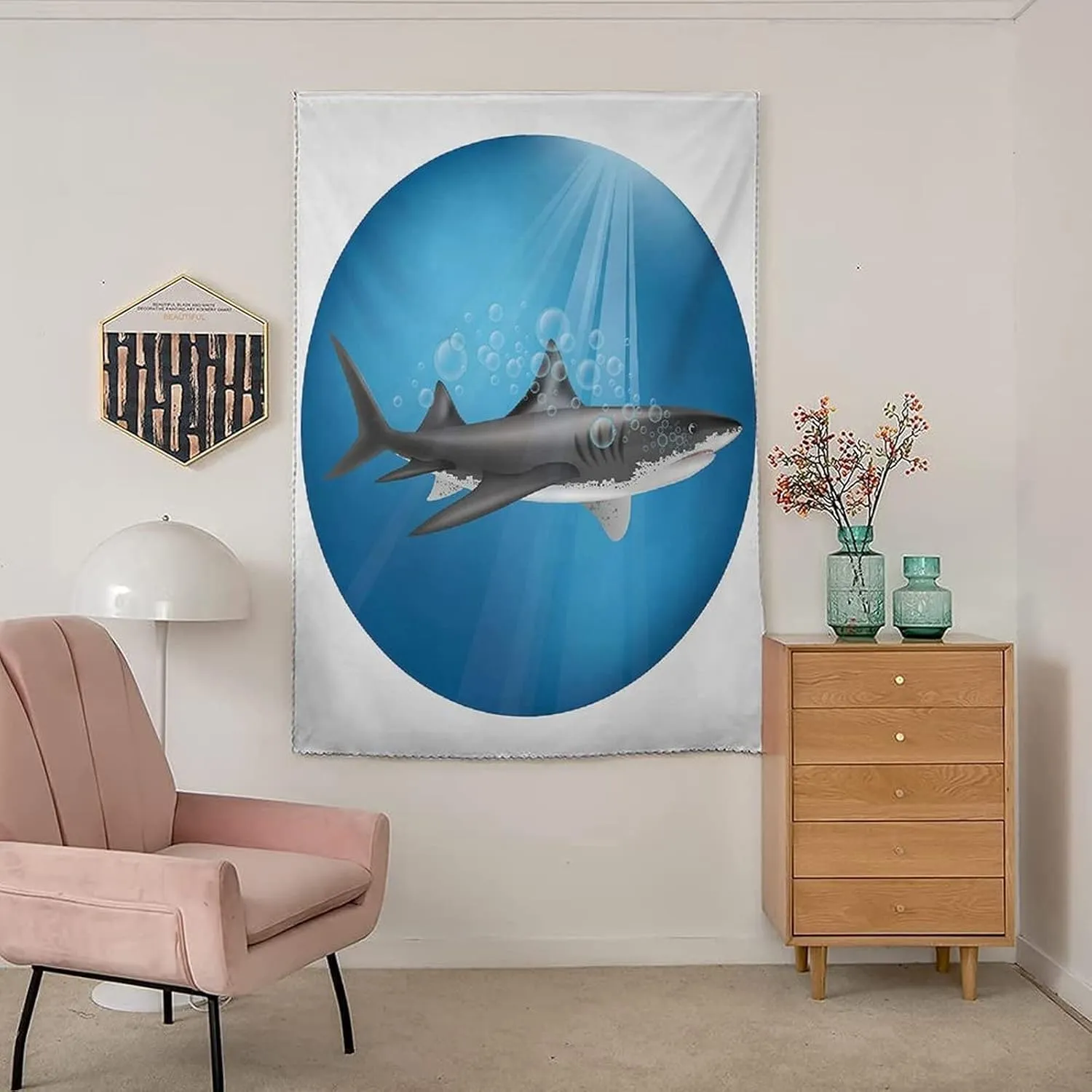 Adjustable Blackout Shades, Shark Portable Blackout Curtain, Shark in Sea with Sun Rays in Circle Aquatic Underwater Print Living Room Bedroom Window Drapes,59W x84L Inches, for Bathroom Bedroom