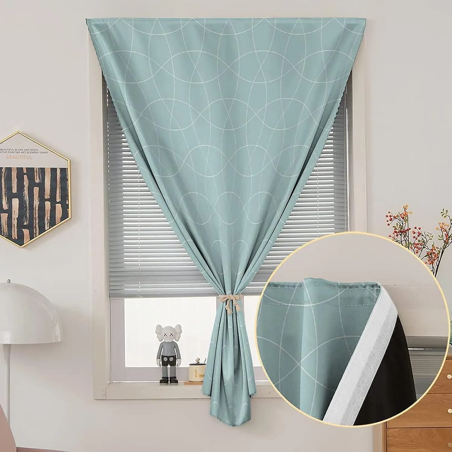 Adjustable Blackout Shades, Teal and White Portable Blackout Curtain, Traditional Arabic Tangled Lattice Pattern Print Living Room Bedroom Window Drapes,24W x40L Inches, for Children Kids Bedroom